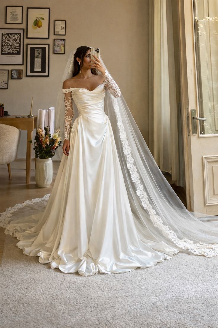 Elegant A Line Long Sleeve White Lace Satin Long Wedding Dress DP7807