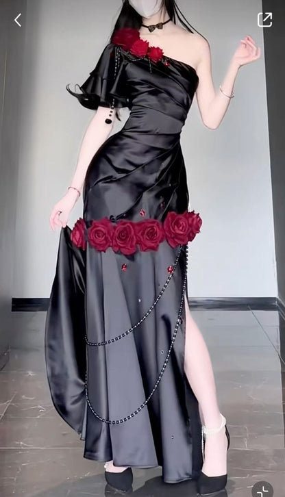 Sexy Mermaid One Shoulder Burgundy Floral Black Satin Prom Dress Party Dress DP4202