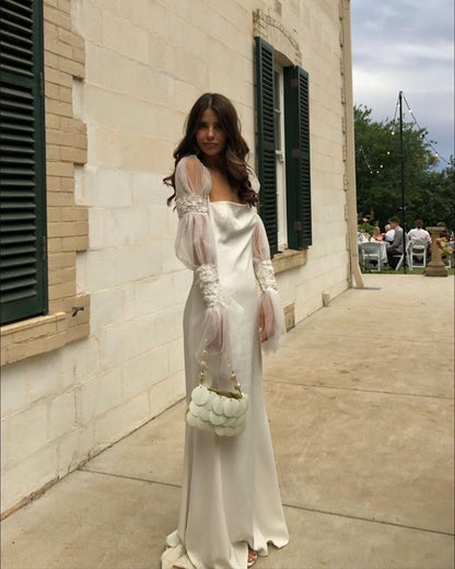 Charming A Line Long Sleeve Beaded White Tulle Satin Wedding Dress DP6845