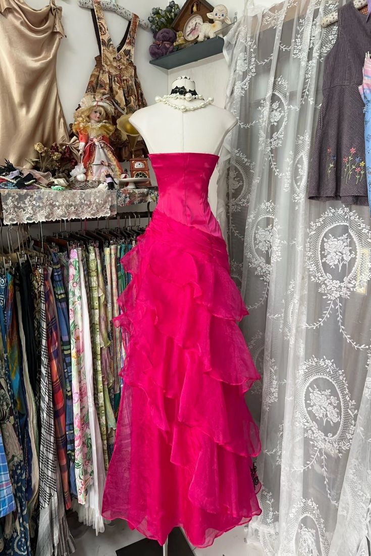 Hot Pink A Line Strapless Black Appliques Layered Organza Long Prom Dress Formal Gown DP3440