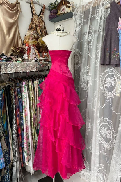 Hot Pink A Line Strapless Black Appliques Layered Organza Long Prom Dress Formal Gown DP3440