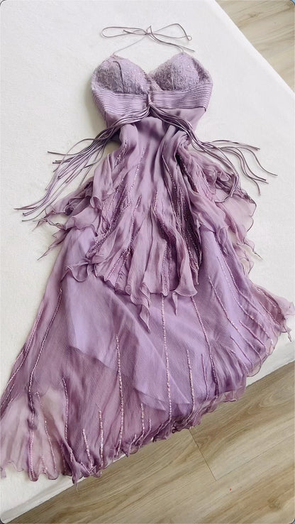Purple A Line V Neck Ruffle Beaded Chiffon Backless Prom Dress Evening Dress DP1211