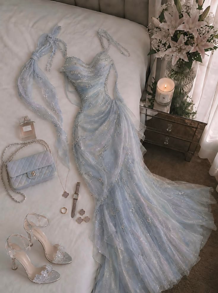 Baby Blue Ombre Mermaid Spaghetti Straps Beaded Tulle Prom Dress Evening Dress DP5714