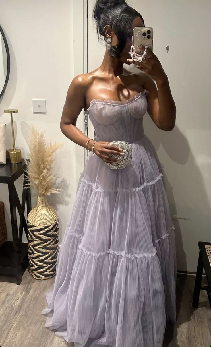 Simple Lilac A Line Strapless Tulle Long Prom Dress Party Dress DP4132