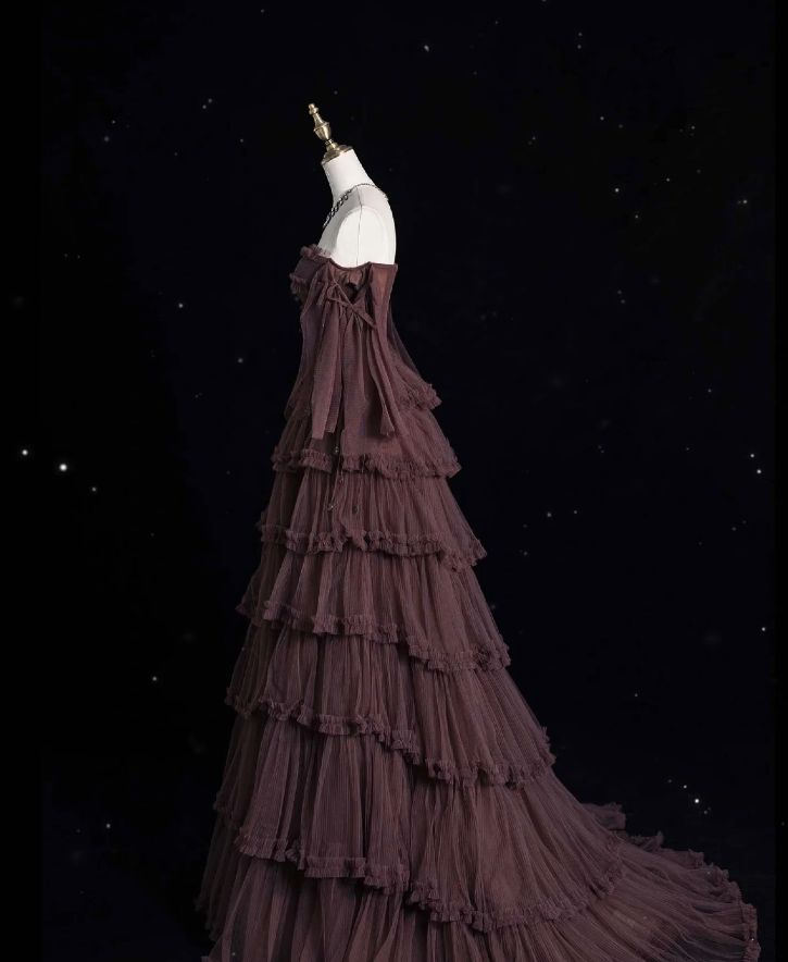 Chic Ball Gown Long Sleeve Brown Beaded Tulle Evening Dress Prom Dress Formal Dress DP3198