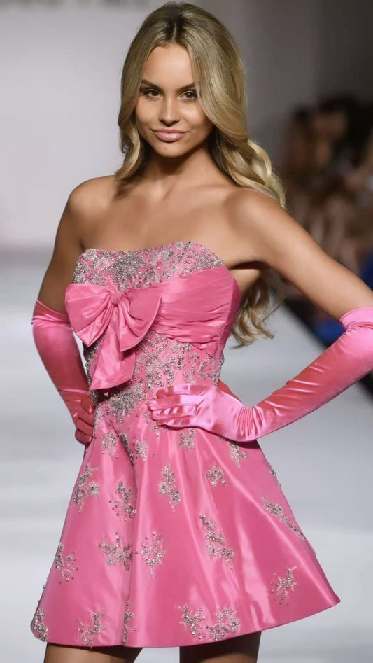 Cute Pink A Line Strapless Bow Beaded Satin Short Homecoming Dress Cocktail Dress DP2929