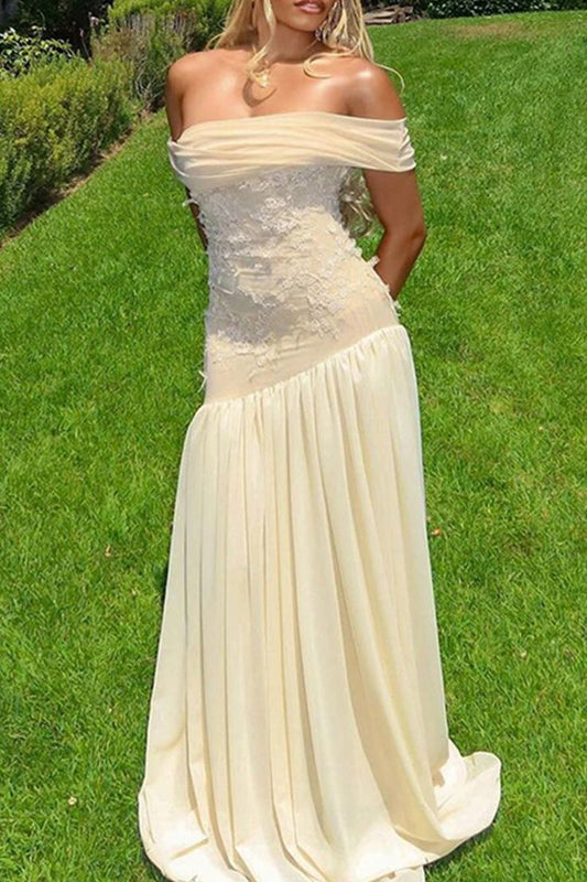 Light Beige Off-the-Shoulder Satin Long Prom Dress Evening Dress DP1267