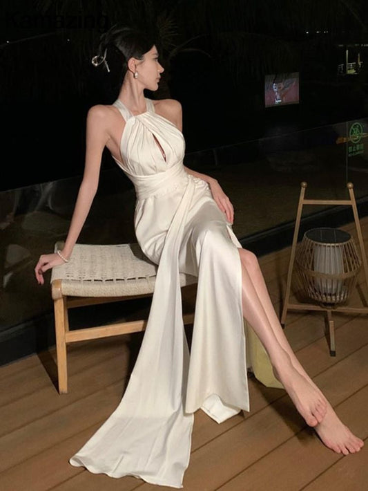 Elegant Sheath Halter Backless Satin Long Prom Dress With Slit DP907