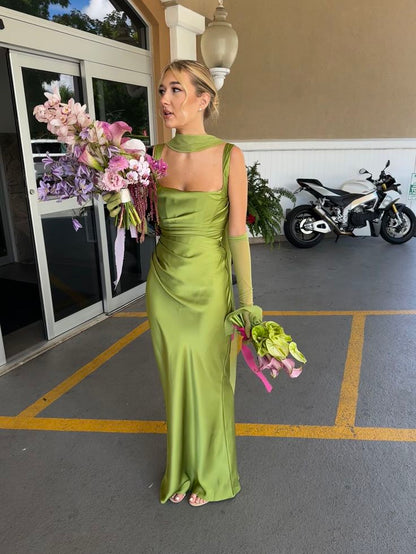 Elegant Fresh Green Sheath Straps Simple Satin Bridesmaid Dress DP5096