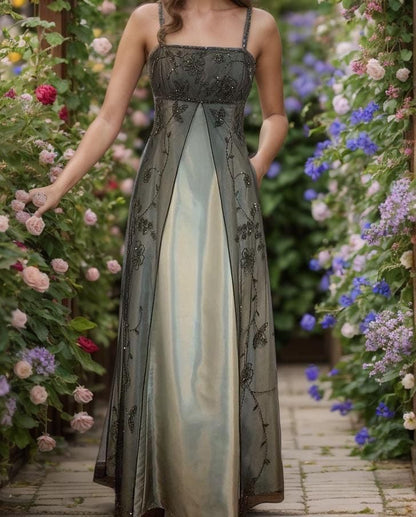Retro Green Ombre A Line Spaghetti Strap Beaded Tulle Satin Prom Dress Party Dress DP3595