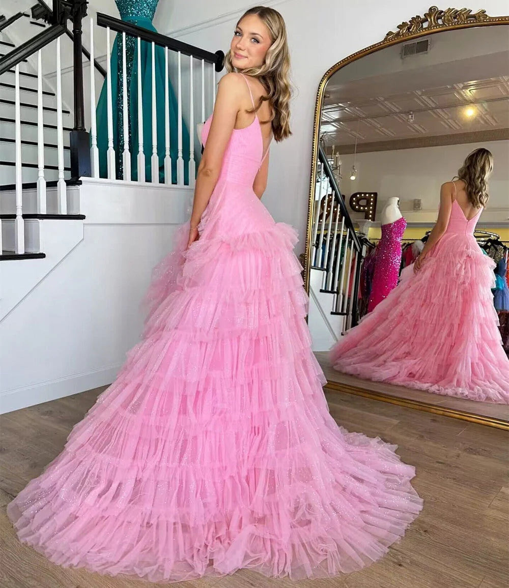 A Line Spaghetti Straps Tiered Tulle Long Prom Dress Evening Dress DP1063