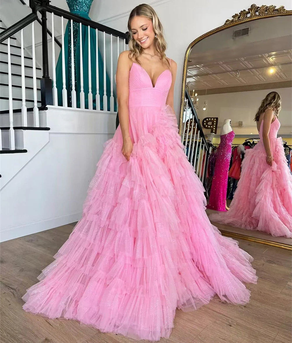 A Line Spaghetti Straps Tiered Tulle Long Prom Dress Evening Dress DP1063