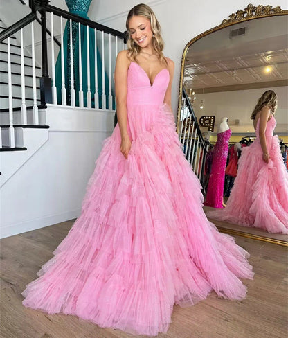A Line Spaghetti Straps Tiered Tulle Long Prom Dress Evening Dress DP1063