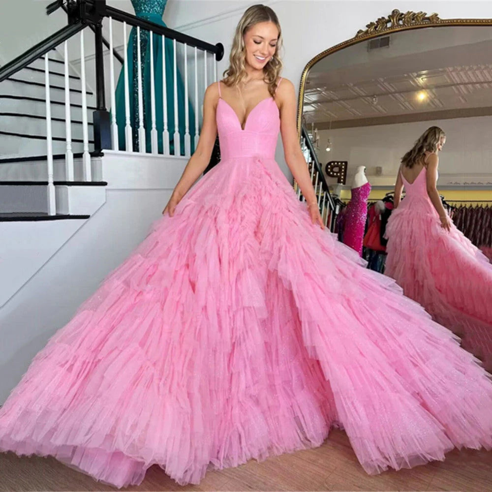 A Line Spaghetti Straps Tiered Tulle Long Prom Dress Evening Dress DP1063