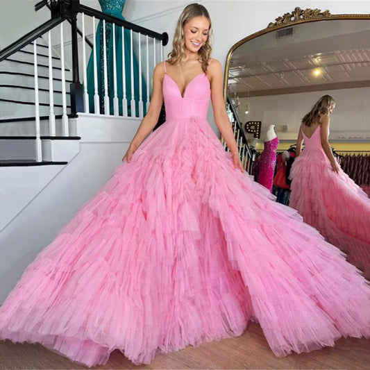 A Line Spaghetti Straps Tiered Tulle Long Prom Dress Evening Dress DP1063