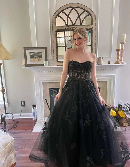 Sexy Sweetheart Appliques Lace Black Tulle Prom Dress Evening Dress DP1143