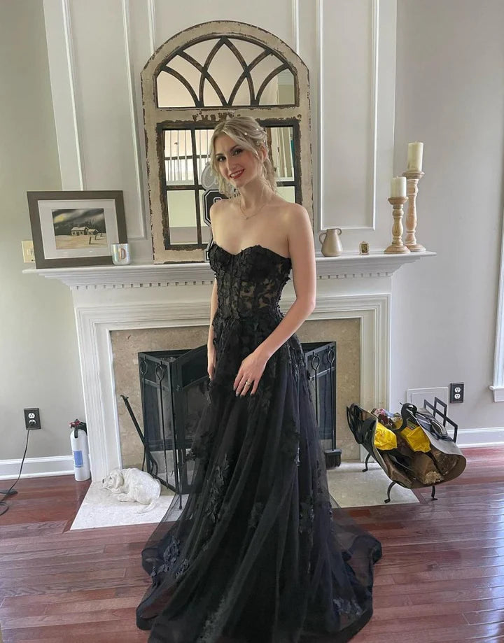Sexy Sweetheart Appliques Lace Black Tulle Prom Dress Evening Dress DP1143