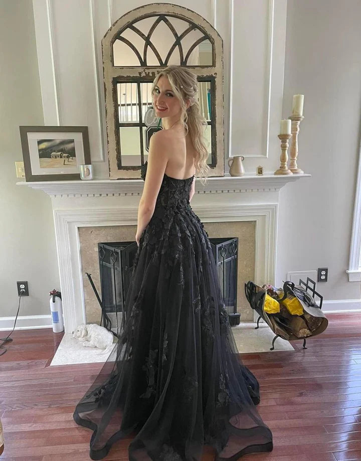 Sexy Sweetheart Appliques Lace Black Tulle Prom Dress Evening Dress DP1143