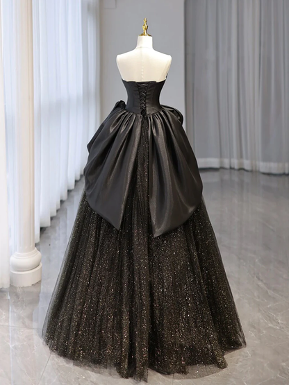 Charming Sweetheart Neck Tulle Satin Long Prom Dress, Black Ball Gown Sweet 16 Party Dress DP031