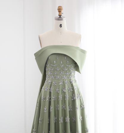 Elegant A Line Off the Shoulder Beaded Green Satin Prom Dress Evening Dress DP1904