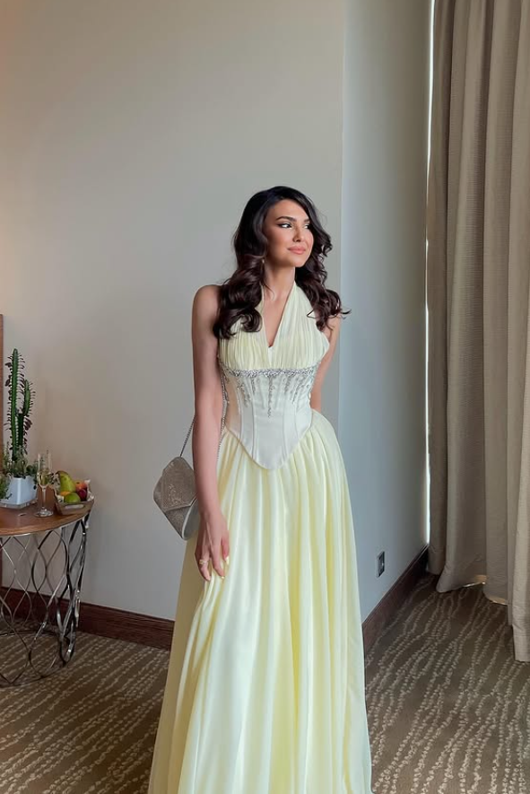 Sweety Yellow A Line Halter Corset Beaded Chiffon Long Prom Dress Evening Dress DP6057