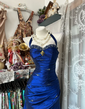 Vintage Halter Mermaid Long Prom Dresses Beaded Satin Blue Evening Dresses Birthday Dresses DP4596