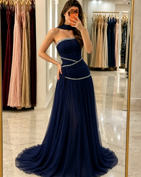 Stunning Navy Blue A Line Strapless Shiny Rhinestone Chiffon Prom Dress Evening Dress DP5634