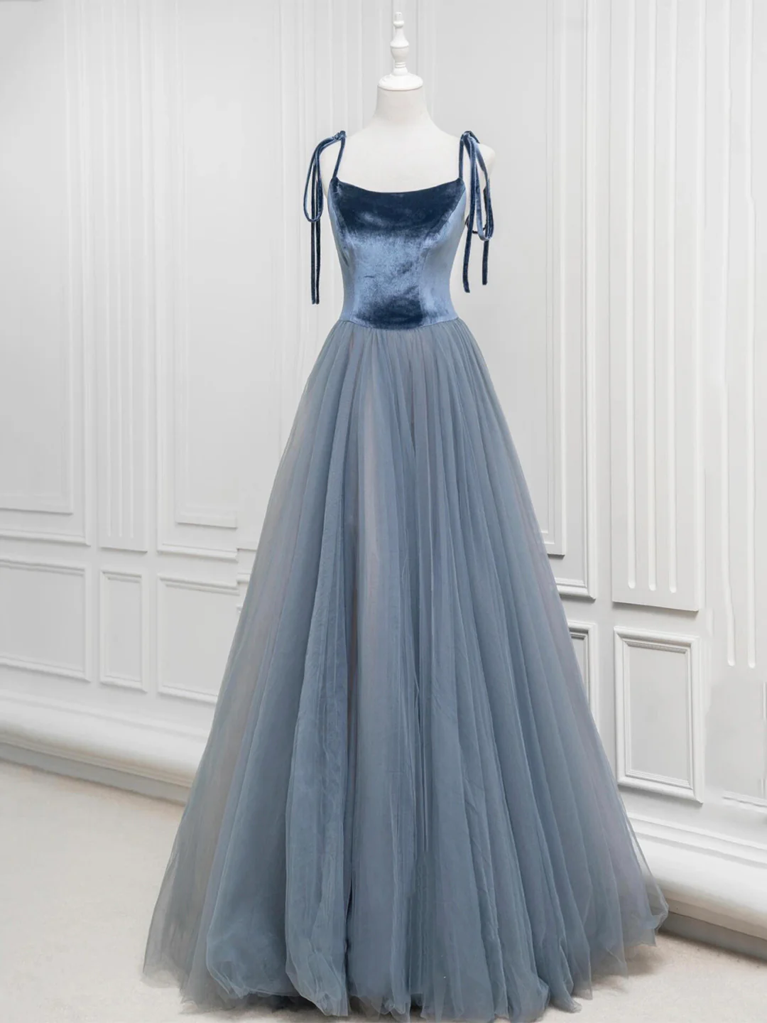 Simple Velvet Tulle Long Prom Dress Gray Blue Evening Party Dress DP256