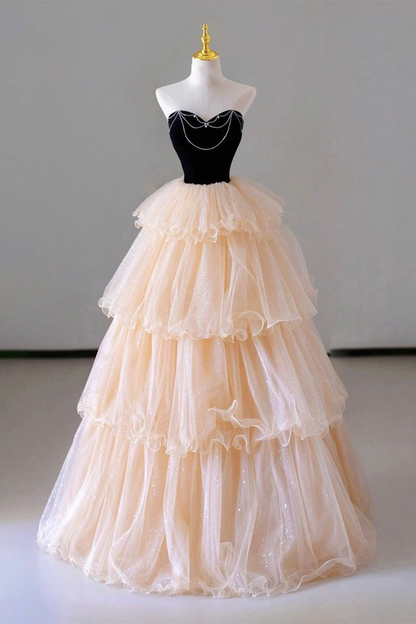 Gorgeous Champagne Tulle A Line Strapless Layered Long Prom Dress Formal Graduation Evening Dress DP598