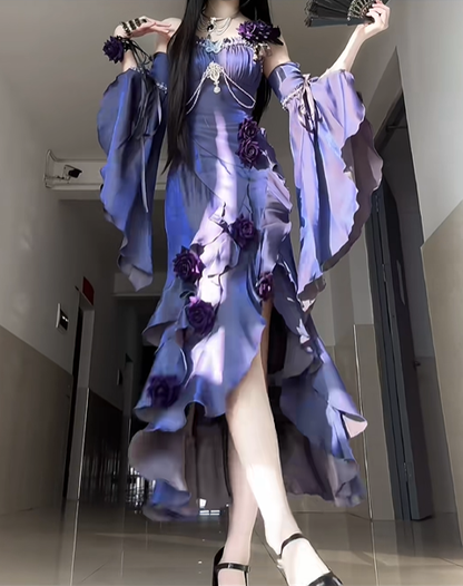 Stunning Purple Mermaid Strap Rose Layered Satin Prom Dress Graduation Ball Gown DP4564