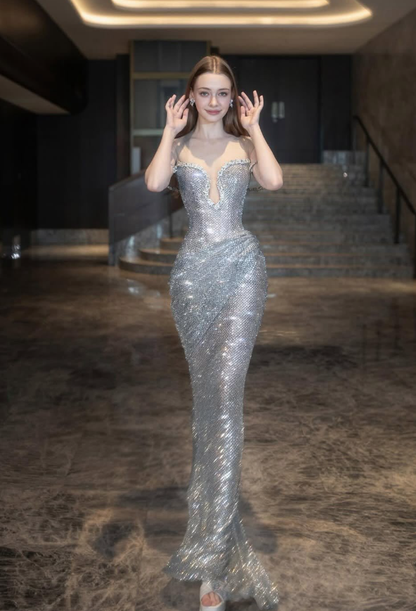 Silver Sheath Spaghetti Straps Exquisite Beaded Sequin Long Prom Dress DP4388