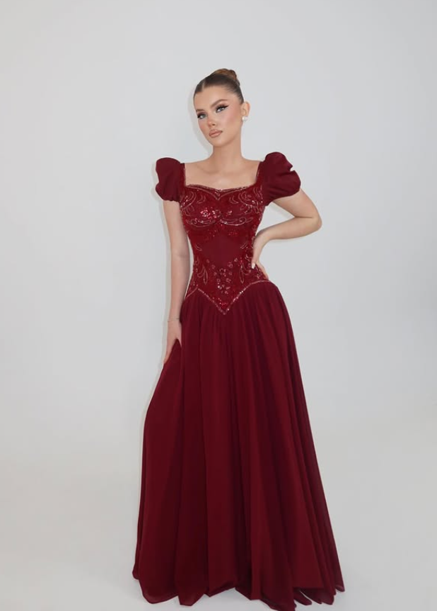 Cute Burgundy A Line Puff Sleeve Beaded Chiffon Long Prom Dress Evening Dress DP6052