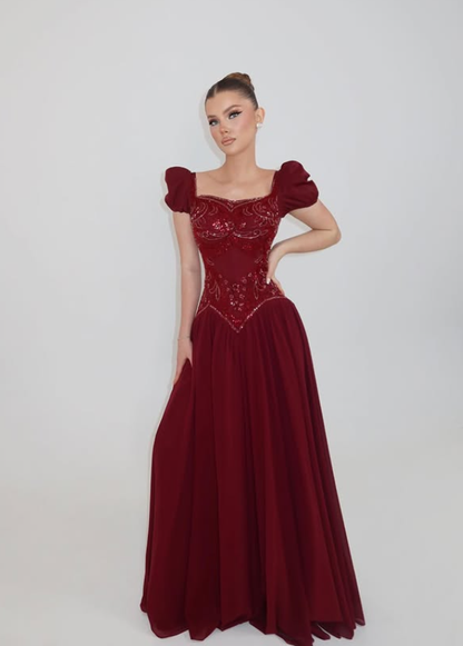 Cute Burgundy A Line Puff Sleeve Beaded Chiffon Long Prom Dress Evening Dress DP6052