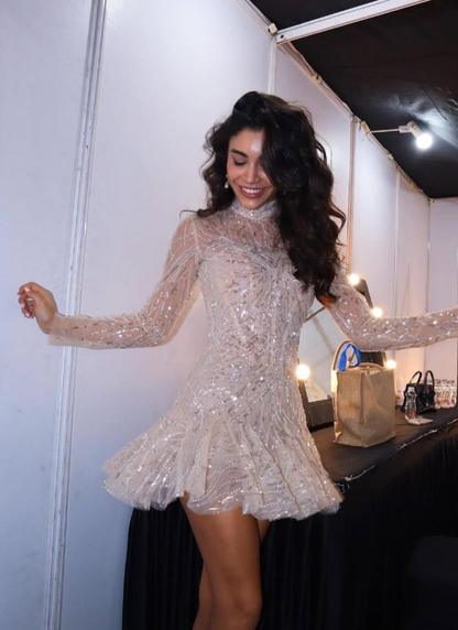 Shiny A Line Long Sleeve High Neck Sequin Tulle Short Homecoming Dress Outfits DP4753
