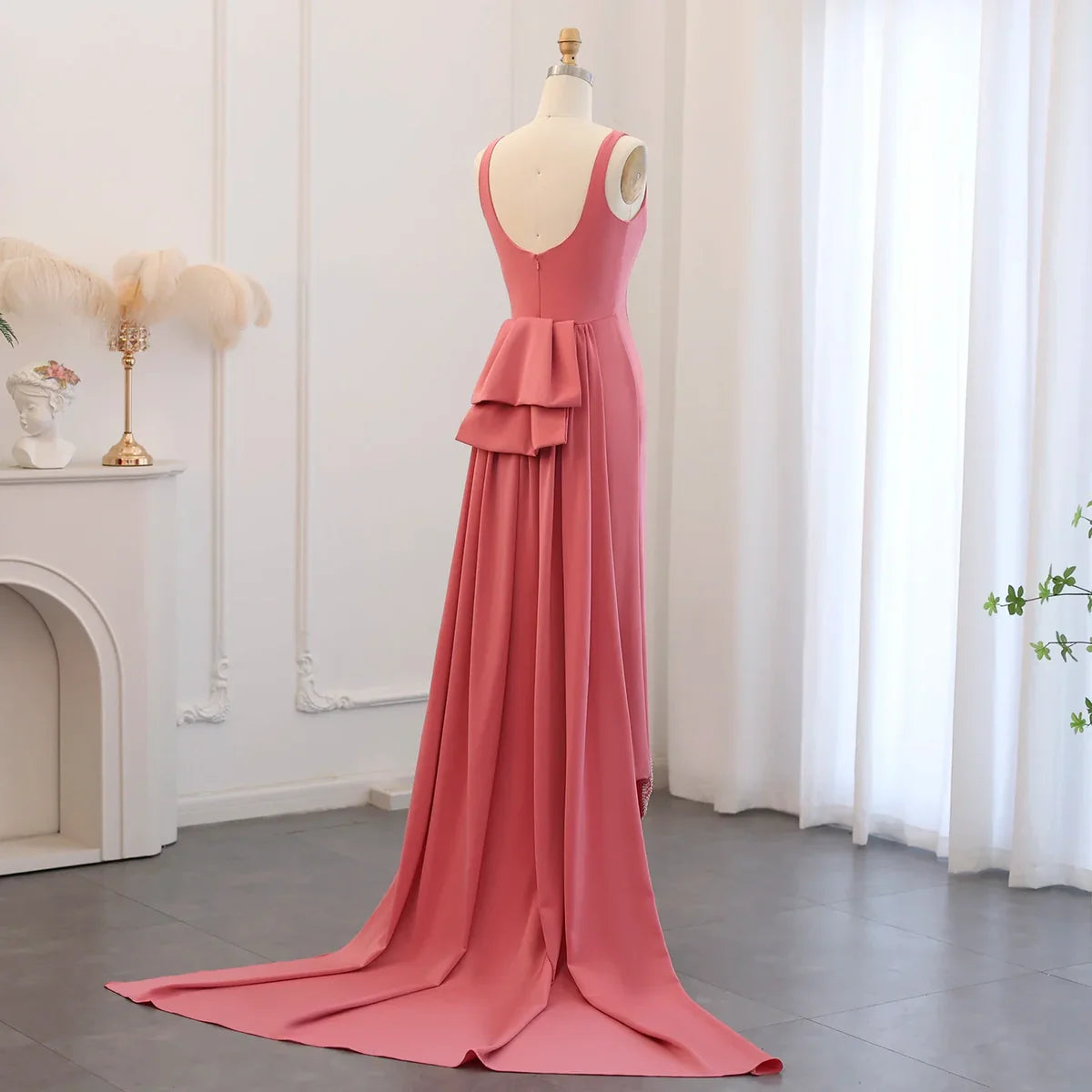 Elegant Coral Pink Butterfly Beaded Satin Evening Dress Prom Dress DP955