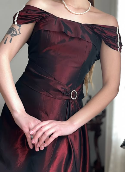 Vintage Dark Burgundy A Line Satin Prom Dress Evening Dress Date Dress DP5705