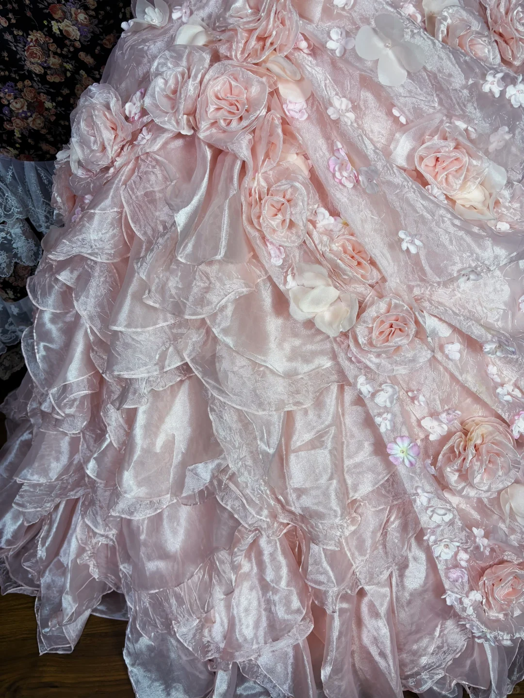 Vintage Princess Light Pink Ball Gown Floral Layered Organza Prom Dress Sweet 16 Dress DP5653