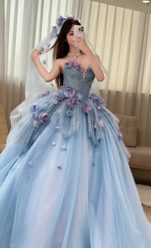Blue Floral Ball Gown Sweetheart Neck Exquisite Beaded Tulle Long Prom Dress DP4604