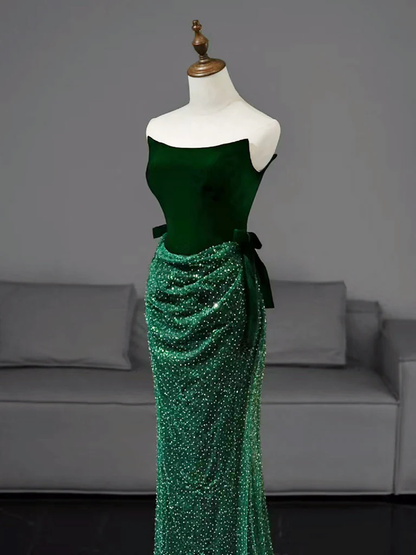 Strapless Mermaid Tulle Sequin Velvet Green Long Prom Dress Formal Evening Dress DP373