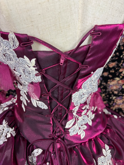 Vintage Pink Purple Ball Gown Strapless Lace Ruffle Tulle Prom Dress Sweet 16 Dress DP5658