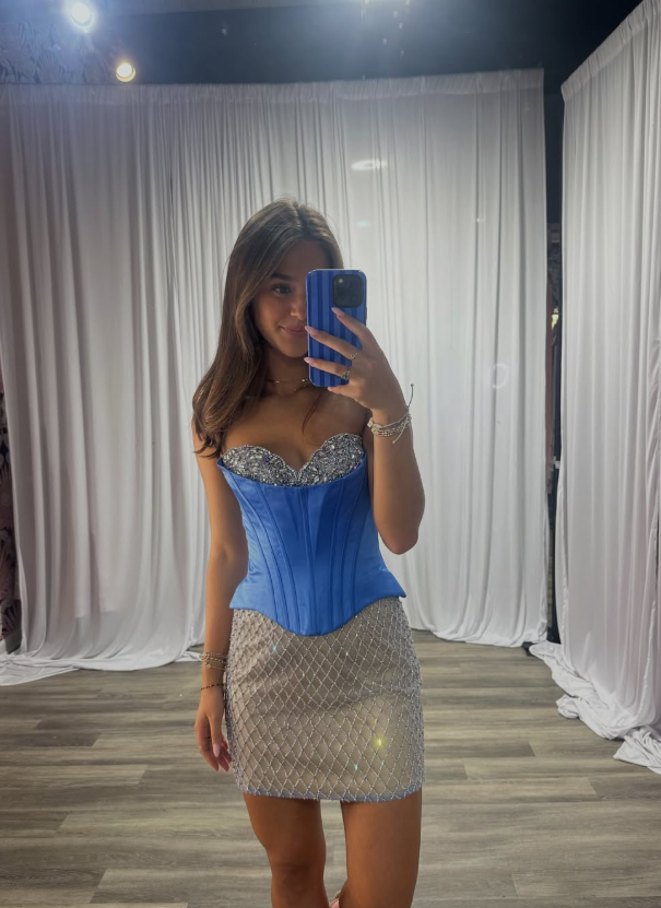 Blue Sheath Sweetheart Neck Beaded Satin Short Prom Dress Homecoming Dress DP7126