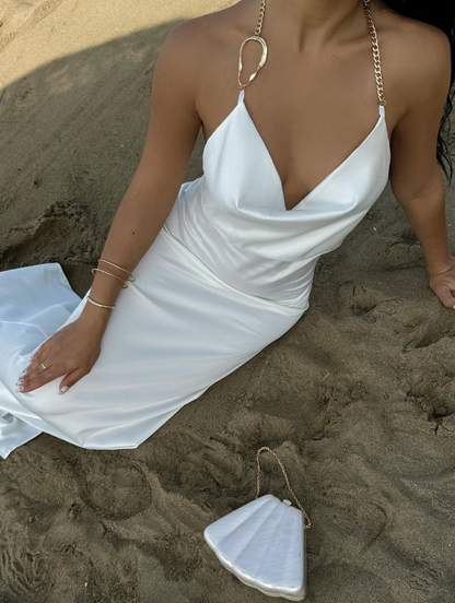 White Sheath Halter Satin Backless Long Prom Dress Party Dress DP8209