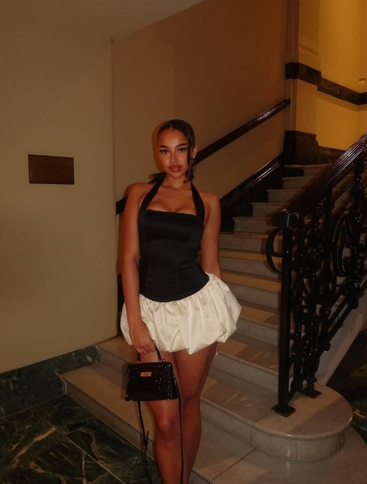 Cute A Line Halter Black White Satin Open Back Short Homecoming Dress Outfits DP1561