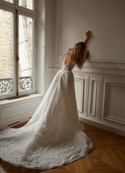 Princess Ball Gown Straps White Mini Pearls Lace Long Train Wedding Dress DP5831