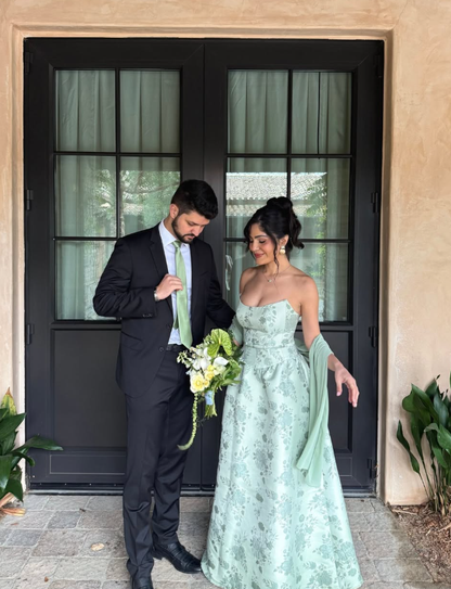Sage Green A Line Strapless Print Floral Satin Long Bridesmaid Dress DP4966