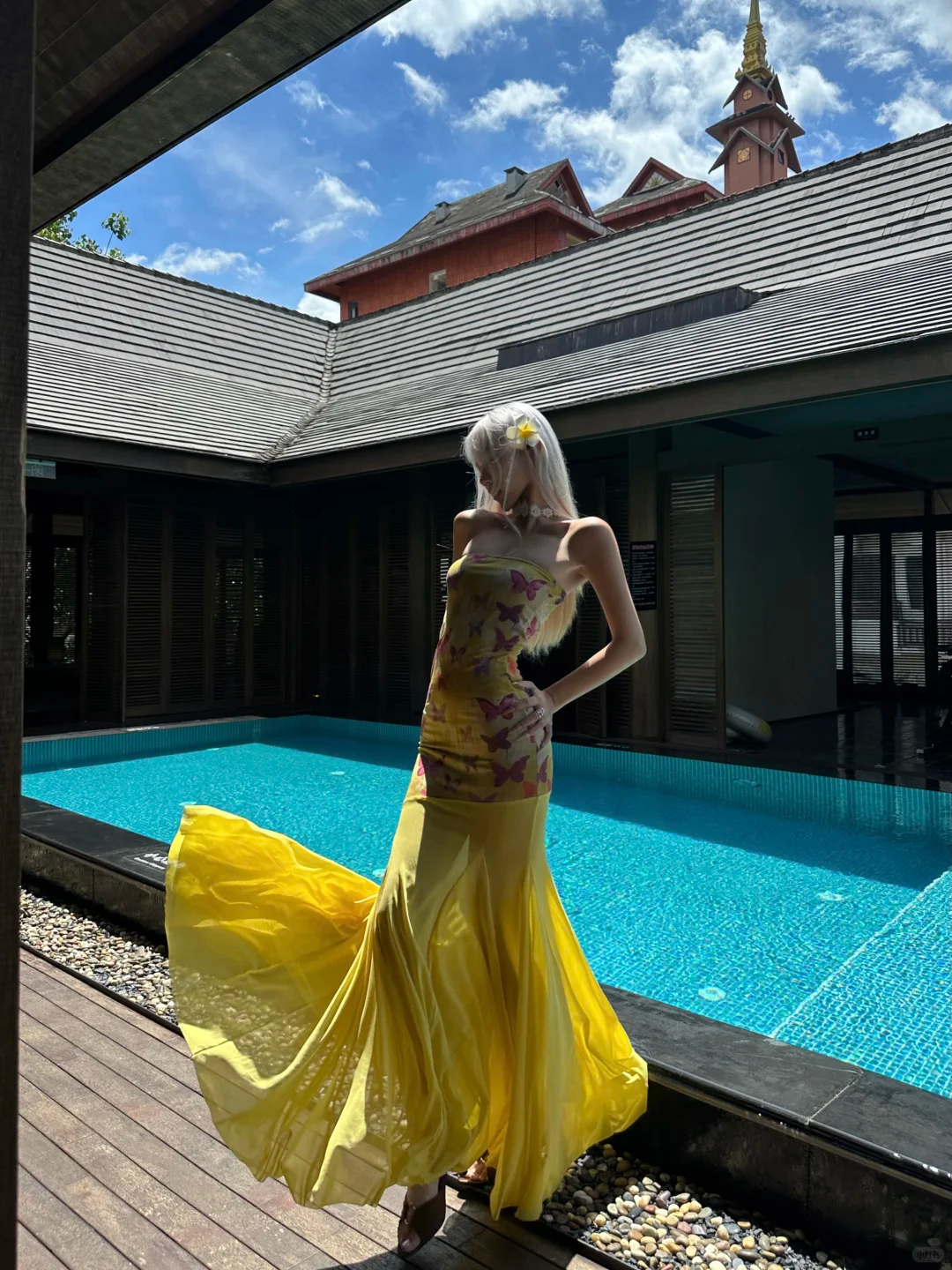 Yellow Mermaid Strapless Butterfly Print Chiffon Vacation Dress Outfits DP3844
