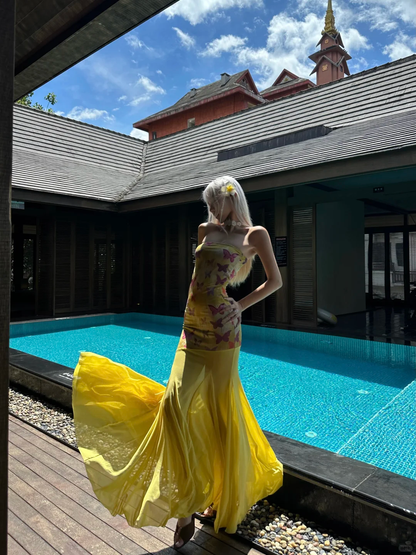 Yellow Mermaid Strapless Butterfly Print Chiffon Vacation Dress Outfits DP3844