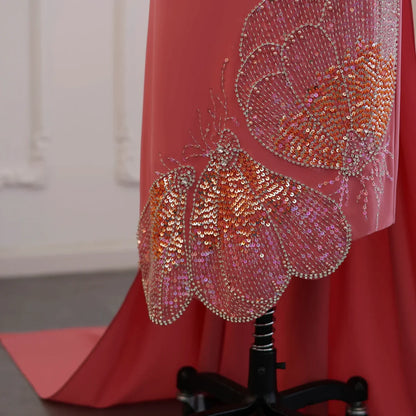Elegant Coral Pink Butterfly Beaded Satin Evening Dress Prom Dress DP955