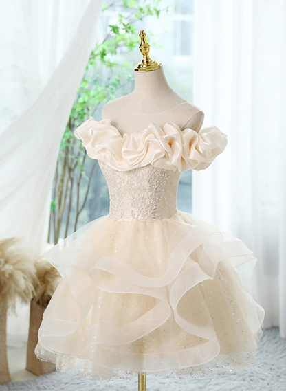 Cute Light Champagne Off Shoulder Homecoming DressTulle Short Prom Dress  DP304