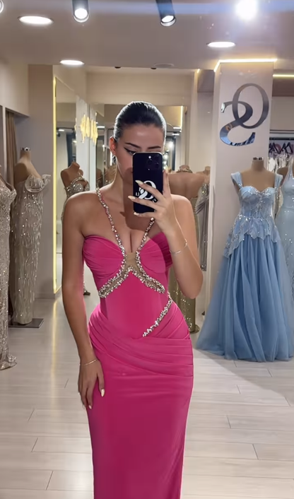 Hot Pink Sheath Halter Rhinestone Velvet Long Prom Dress Evening Dress DP4393